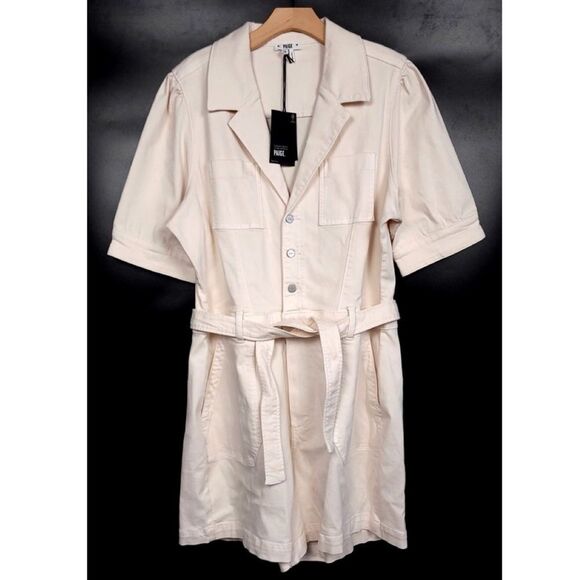 NWT Paige Mayslie Puff Sleeve Belted Workwear Romper Quartz...